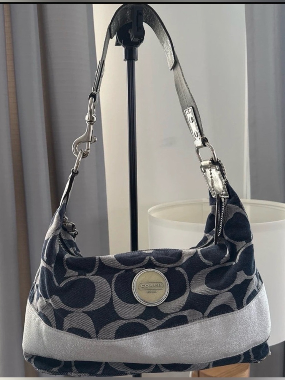 Coach Navy and Silver Signature Canvas Shoulder Bag